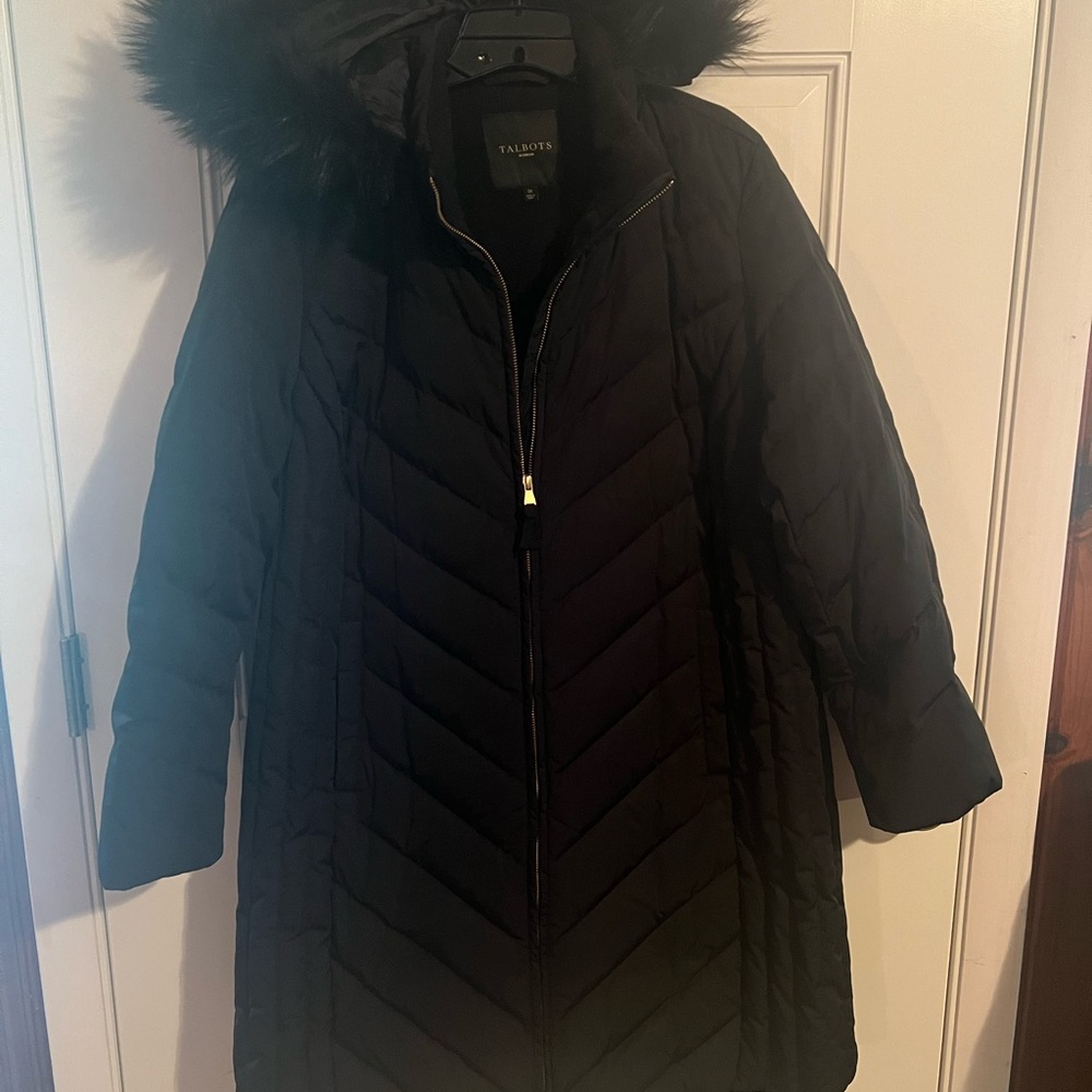 Talbots Black Quilted Long Puffer Coat with Faux Fur Hood
